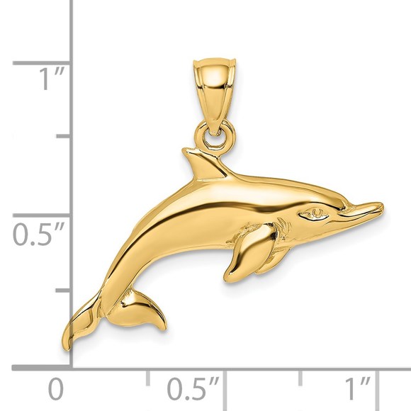 14k Yellow Gold Polished Swimming Dolphin Nautical Necklace Charm Pendant - Picture 3 of 4
